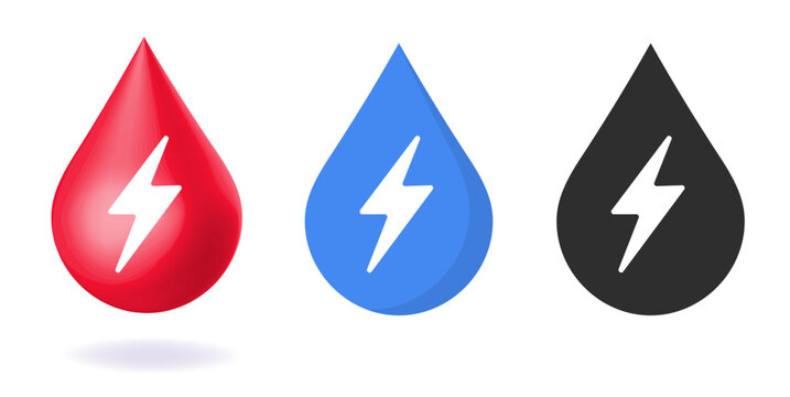 Energy water drop icon, oil fuel power droplet logo sign symbol pictogram modern set, liquid electricity charging resource supply with lightning bolt flash, blood support image clip art
