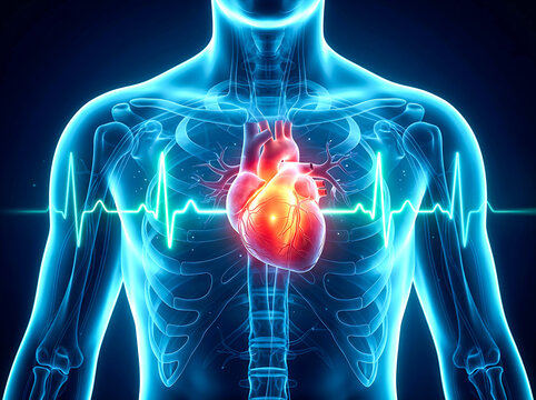 A glowing human body with a visible heart