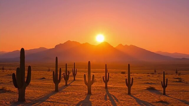 Warm golden sun setting behind mountains over saguaro cacti in a serene desert landscape view.