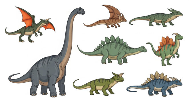 Collection of various dinosaur species illustrated in a cartoon style.