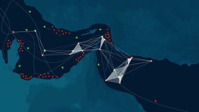 Digital map showing ship tracking data and maritime traffic networks in the Strait of Hormuz. Conceptual illustration of global trade routes, oil shipping logistics, and geopolitical security.