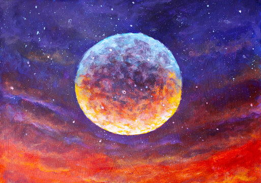 Acrylic painting depicting abstract full moon in cosmic sky