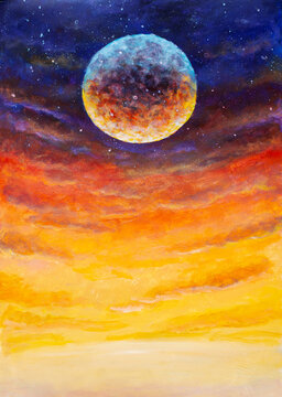 Cosmic moon rising over an abstract vibrant sunset sky
