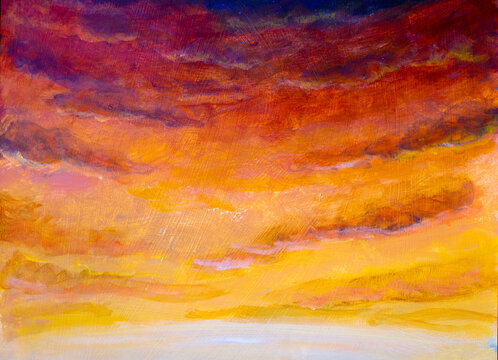 Vibrant oil painting capturing sunset clouds with warm colors