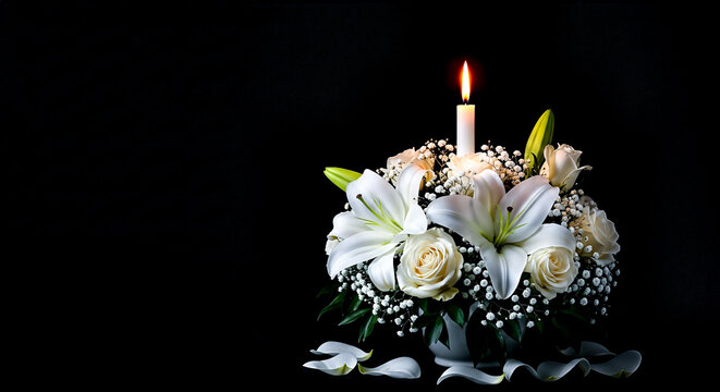 funeral concept glowing tall candle white lilies roses vase scattered fallen petals dark black background copy space mourning sorrow grief sympathy condolence obituary remembrance