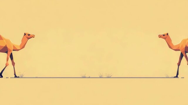 Geometric camels in desert landscape with minimalist design