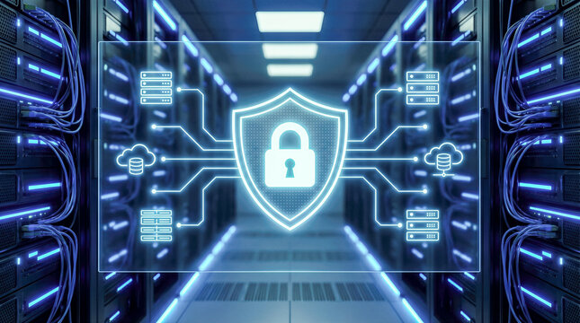 transparent glass screen showing glowing digital shield icon modern server room background cyber security data protection concept safe network futuristic hardware technology interface