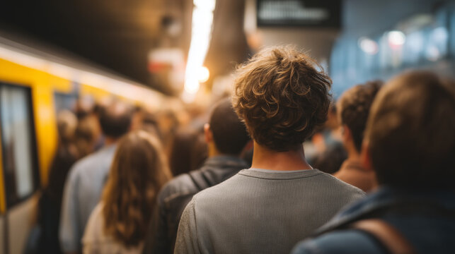 Crowded subway platform at rush hour, pickpocket awareness poster visible above commuters, transit security messaging, urban public safety, commuter vigilance, metropolitan crowd vulnerability, iden