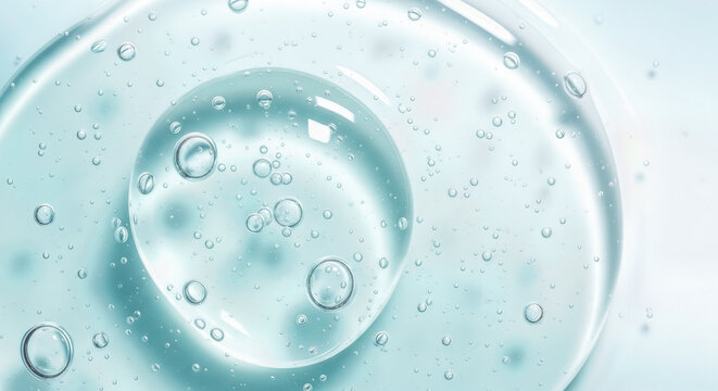 Large transparent bubble in cosmetic gel texture on light blue background, hydrating serum drop, hygiene liquid soap macro, skin care product