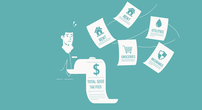 A man stressed about paying bills and expenses, including rent, utilities, groceries, insurance, and tax fees, with a total of 555