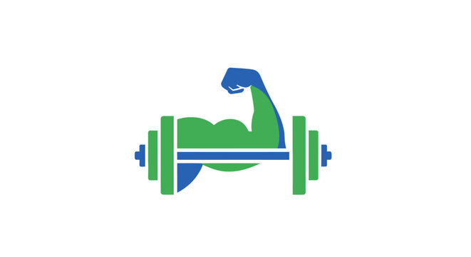 Green dumbbell flexing arm logo symbol.
