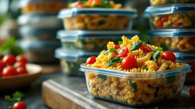 Fresh rotini pasta salad with cherry tomatoes in meal prep containers