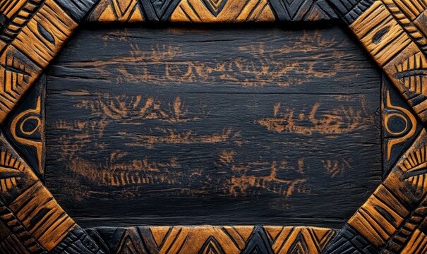 A close-up of an intricately carved wooden panel with a dark brown and orange design
