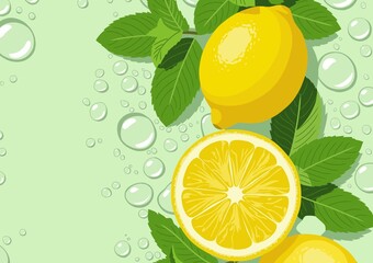 Fresh lemons with green mint leaves and water drops on light green background, vector illustration © Juljak
