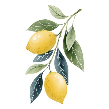 Hand-painted watercolor botanical illustration of a vertical branch with two lemons. Whimsical yellow citrus fruit with decorative leaves for Mediterranean design isolated on white.