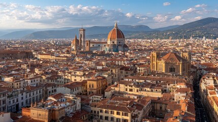 Fototapeta premium Panoramic cityscape featuring buildings and dome against clear sky