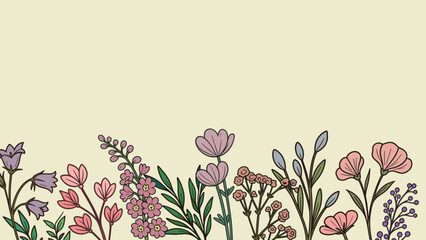 Minimal floral illustration on beige background with colorful wildflowers. Cute hand-drawn botanical design perfect for greeting cards, invitations, and spring branding. © aden