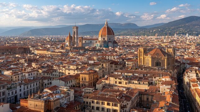 Panoramic cityscape featuring buildings and dome against clear sky