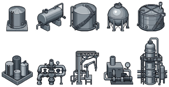 A collection of retro pixel art illustrations depicting various industrial tanks, pipes, valves, and a distillation column in grayscale tones.