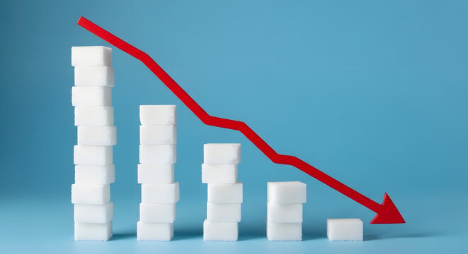 A downward trending graph made of sugar cubes with a red arrow indicating a sharp decline.