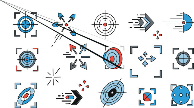 Targeting and Aim Interface Icons Set with Crosshair Tracking Arrows Focus Markers and Precision Shooting Symbols for UI Design and Navigation Systems.