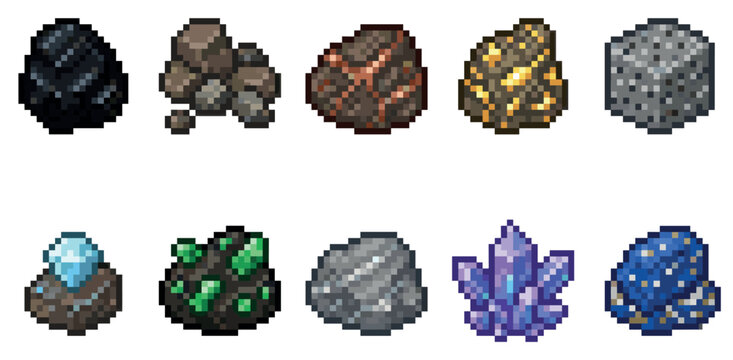 A collection of various pixel art mineral and gem icons, rendered in a retro video game style with a white background.