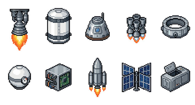 A collection of pixel art spacecraft components and vehicles, including rocket engines, capsules, satellites, and tanks, rendered with a retro digital aesthetic.