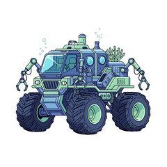 Obraz premium Robotic vehicle with large wheels and arms.