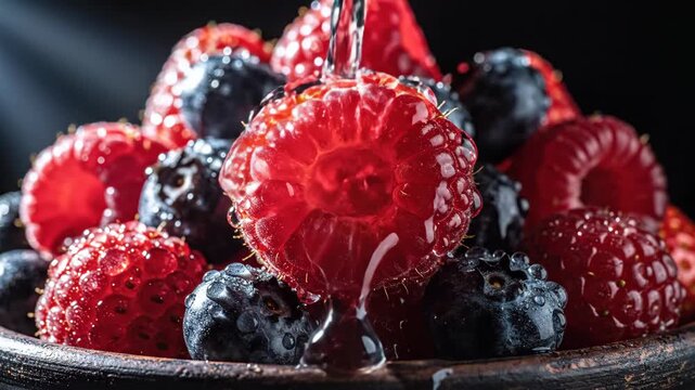 Fresh raspberries and blueberries receiving a pouring of water