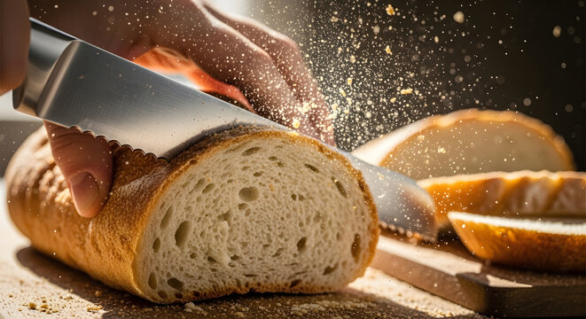 A close-up shot of a person's hands slicing a loaf of crusty bread with a serrated knife, creating a shower of crumbs.
