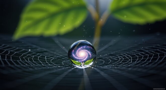 dewdrop on spider web with galaxy reflection