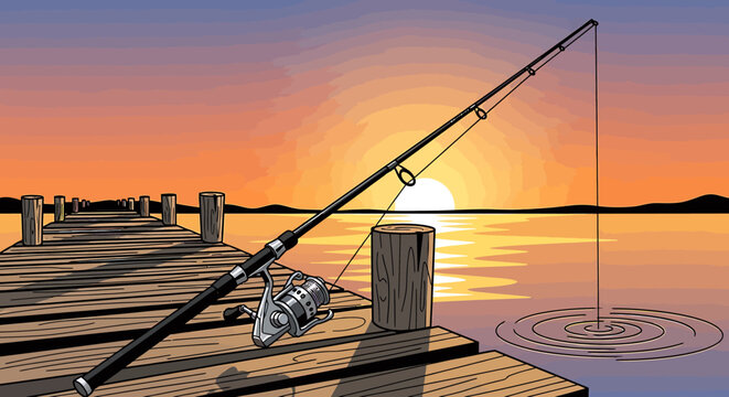 Fishing rod on wooden dock pier.