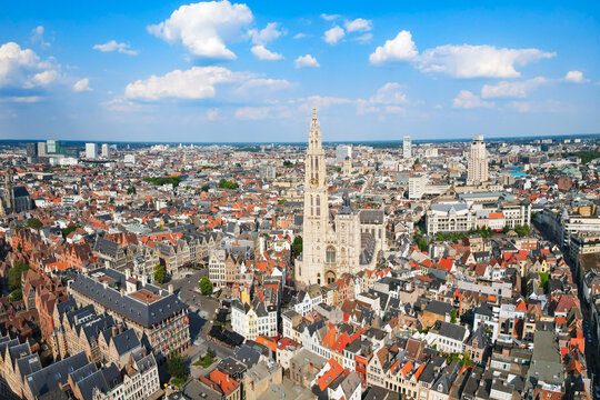 The panoramic aerial view of Antwerp Cathedral, Belgium