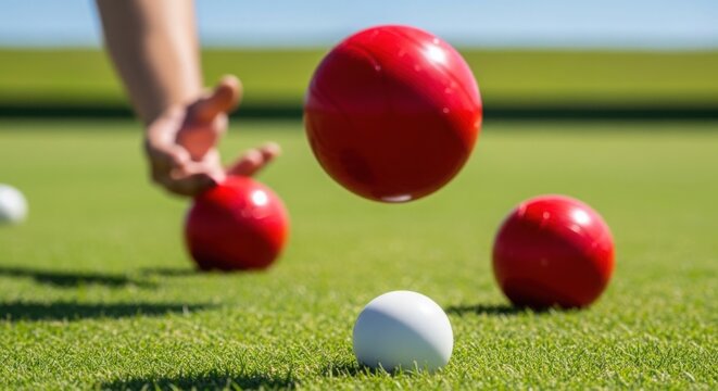 Playing bocce ball on grassy field with red and white balls rolling towards target. Exciting bocce ball game enhances outdoor fun and competition among friends.