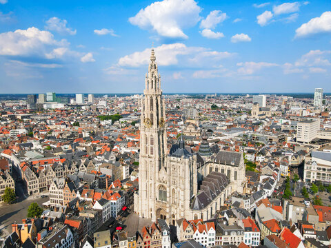 The panoramic aerial view of Antwerp Cathedral, Belgium