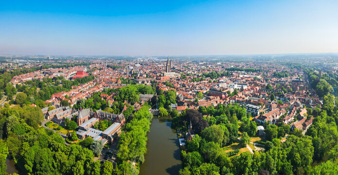 Aerial view of historic city skyline in Bruges city, Belgium