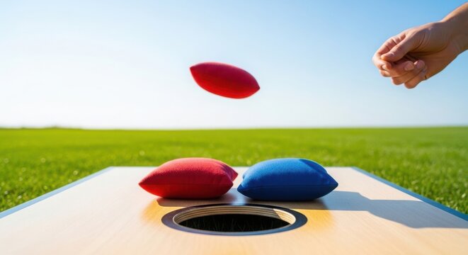 Cornhole game with red and blue bags falling towards hole on sunny day. Cornhole competition includes action-packed scenes with bright colors and grassy background. Ideal for outdoor games, parties,