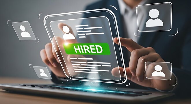 A businessman hiring an employee with a digital resume on a laptop