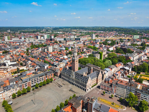 Aerial view of Ladeuze Square, University Library in Leuven, Belgium