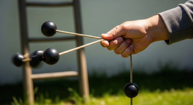 Hand holding traditional wooden toy with black balls on string, demonstrating balance and coordination while enjoying outdoor play. Engaging traditional toy for children and family activities.