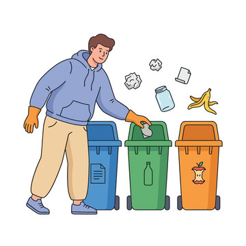 Person sorting household waste into reusable containers as part of a zero waste daily routine in educational cartoon flat vector isolated on white background