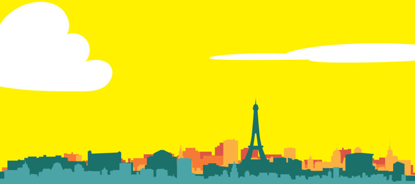 A colourful vector cityscape with sunset tones representing retro minimalist tourist poster skyline of PARIS, FRANCE