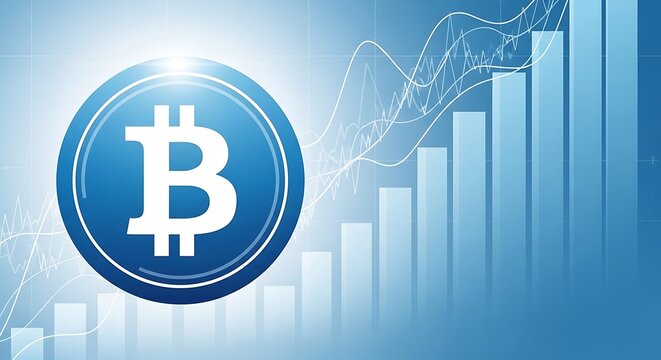 A blue Bitcoin logo with a bar graph and line chart in the background, representing cryptocurrency and financial growth.