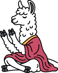 Fototapeta premium Cartoon llama in a meditative pose wearing a pink robe