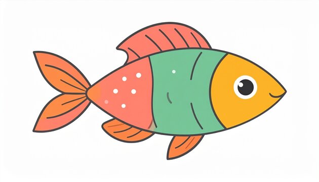 Vibrant illustration of a colorful fish with orange, green, and yellow hues swimming alone.