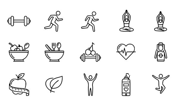 Minimal lifestyle infographic icon set with health fitness sport and food wellness symbols vector design
