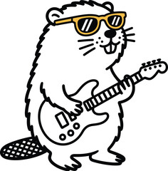 Fototapeta premium Cool cartoon beaver playing electric guitar wearing sunglasses