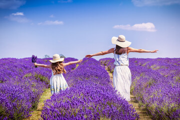 A happy mother and her daughter in white dresses walking over a lavender field in full bloom during summer time © moofushi