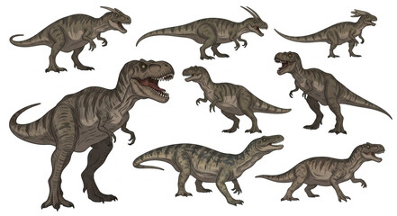 Collection of prehistoric dinosaur creatures in various poses. © Yanto
