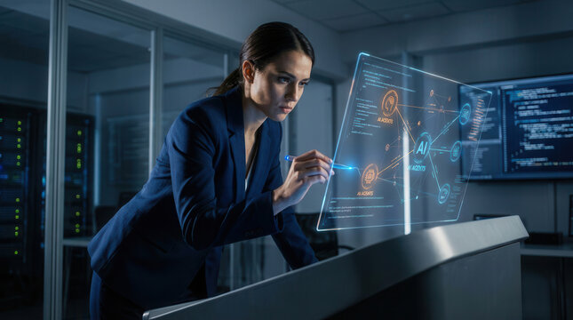 Focused businesswoman in a suit interacting with a glowing holographic display showing AI agents. Modern data center environment for advanced data analysis.